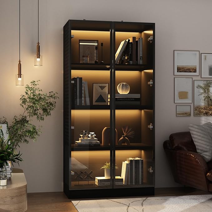 FAMAPY Display Cabinet with Lights, Glass Cabinet with Doors and 4 Tier Shelves, Bookcase Display Case for Collectible, Living Room Office, Black 31.5”W x 15.7”D x 63”H
