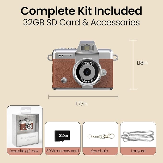 Mini Keychain Camera, 2K Retro Digital Camera with 1.47‘’ Flip Screen & Built-in Flash for Selfies - Includes 32GB SD Card, Strap - Perfect for Travel, Concert, Vlogging