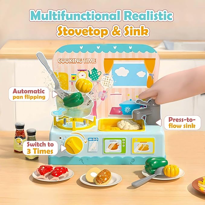Oceenew Play Kitchen Toys, Play Cooking Stove, Play Sink Toy, Cookware Pot and Pan, Cutting Play Food Toy, Color Changing Dishes Accessories for Boys Girls