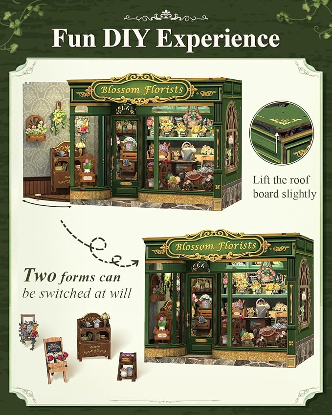 Cutefun Book Nook Kit - DIY Miniature Flower Shop Booknook Kits for Adults and Teens, 3D Wooden Puzzle Bookend Bookshelf with LED Light, Gifts for Family and Friends (Blossom Florists)