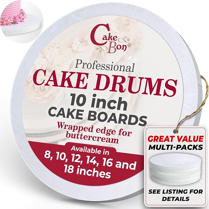 Cakebon Round Cake Boards - Sturdy 1/2 Thick Drums - 10 Inch Professional Fully Wrapped Edges White 3-Pack
