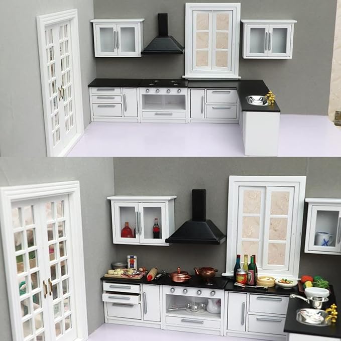 Keenso 1:12 Mini Dollhouse Kitchen Cabinet Set Simulation Life Scene Craftsmanship Dollhouse Decoration DIY