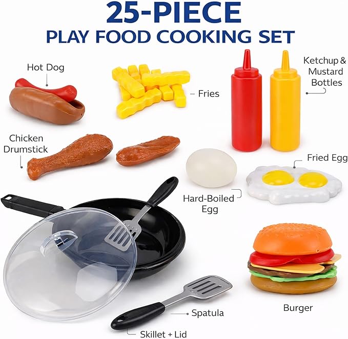 25 PCS Play Food Kids Toy Set with Frying Pan Skillet and Spatula - Kitchen Cooking Pretend Play Toy Grill Set for Toddlers Kids