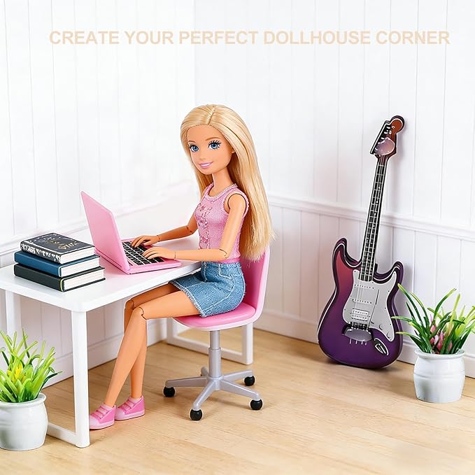 21 Pcs Dollhouse Miniature Laptop Computer Tablet Phone 1/12 1/6 Scale Tiny Book Drinks Guitar Instrument, Doll House Furniture Decor Cake Glasses Coffee Mini Headset, Camera, Potted Plants (Pink)
