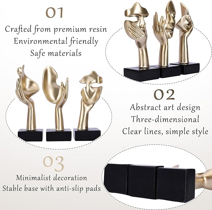 oliruim 3 Pcs Thinker Large Statue Set - Black Glod Art Abstract Home Accent Figurines for Living Room, Bedroom, Shelves, Office Desktop, Coffee Table Decor, Gift for Women (3 Pcs Black Glod, 9")
