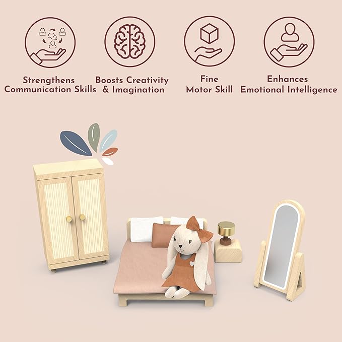 SPEEDY MONKEY Doll House Bedroom Playset – Wooden Playhouse with Bunny Character & Furnitures Set for Kids, Pretend Play Dollhouse and Imaginative Room Décor Storytelling for Toddlers & Preschoolers