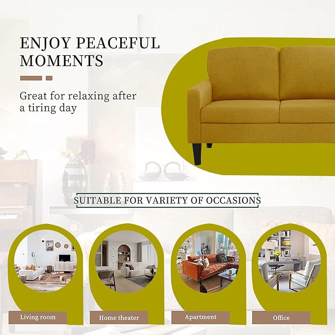 asunflower Small Loveseat Sofa 52 Inch Office Couch Yellow Comfy Linen Fabric 2 Seater Sofa Small Space Couch Tool-Free Assembly Love Seats for Bedroom,Drom Room,Kid's Room