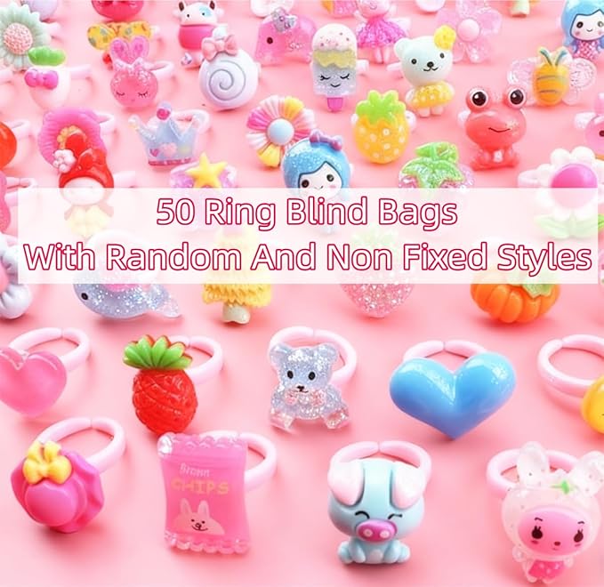 50PCS Kids Rings Blind Bags, Random Assorted Cute Cartoon Animal Fruit Flower Adjustable Plastic Rings for Girls, Surprise Blind Bag Party Favors, Birthday Gifts, Classroom Rewards