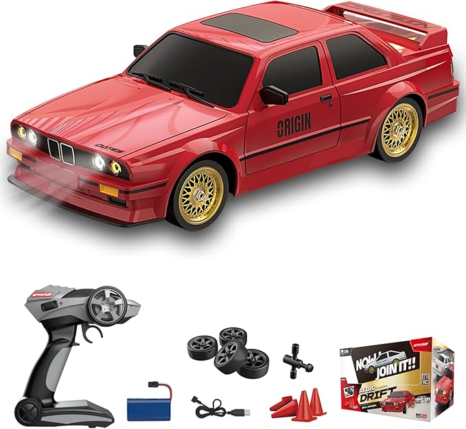 1:16 Scale RC Drift Car, 30KM/H 4WD 2.4GHz Remote Control Cars with LED Light, Racing and 4 Drifting Wheels, 3 Rechargeable Batteries, Perfect Toy Gift for Teen Adults Red