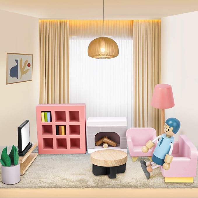 Wooden Dollhouse Furniture Set with 4 Family Dolls, 36 Pcs Sanlebi Doll House Accessories and Furniture, Miniature Furniture Including 5 Room Kits, Pretend Play Toy Gift for Boys Girls Toddler 3+