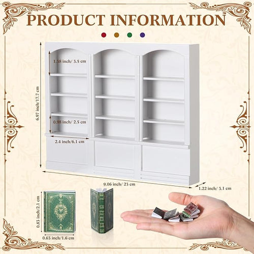 1:12 Scale Dollhouse Miniature Wooden Bookshelf with 48 Pcs Miniatures Books, Mini Bookcase Tiny Books for Dollhouse Mini Library Furniture Christmas Decoration Gift(White)