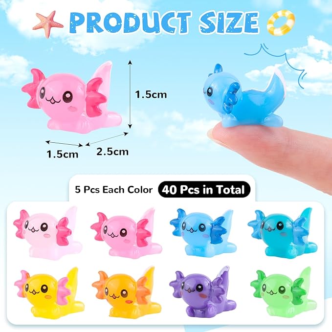 40PCS Mini Resin Animals Cute Colorful Tiny Axolotls,Miniature Figures to Hide,Little Animal Small Figurines Bulk for Topper Desk Garden Dollhouse Landscape Aquarium Ornaments DIY Crafts & Decor