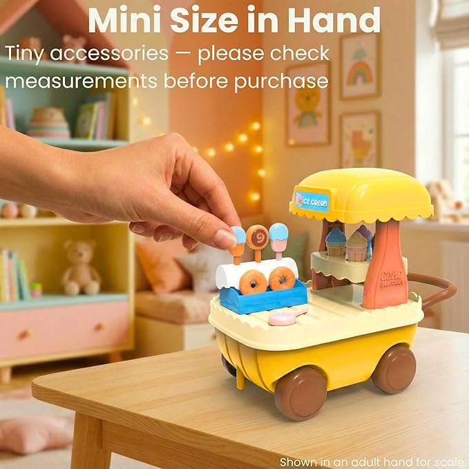 Family Ice Cream Cart Toy — Dessert Pushcart Set with Popsicles, Cones & Donuts, Street Vendor Stall for Dollhouse Pretend Play, Gift for Kids Ages 3+