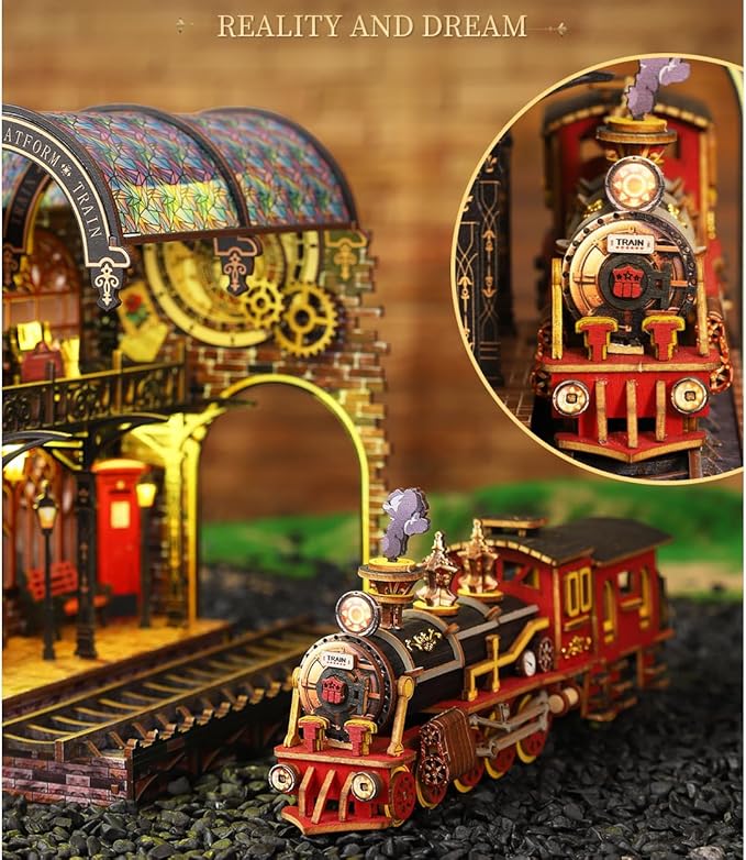 CUTEROOM Book Nook Kit for Adults, 3D Wooden Puzzle DIY Miniature Dollhouse Booknook Kit with LED Light, Tiny House Building Kit for Bookshelf Insert Decor -Zero Platform for Christmas Birthday Gift