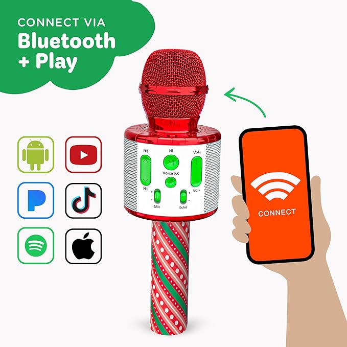 Move2Play, Christmas Karaoke Microphone | Includes Pre-Loaded Songs & Bluetooth | Kids Toy for All Ages 2, 3, 4, 5, 6+ Year Old Girls, Boys & Toddlers | Stocking Stuffer