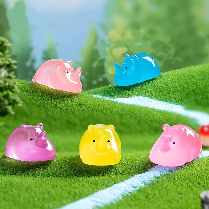 18 PCS Luminous Mini Rhino for Crafts Dollhouse Fairy Garden Decor Miniature Safari Animals Decor for Car Tiny Resin Animals for Micro Landscape Plant Pots
