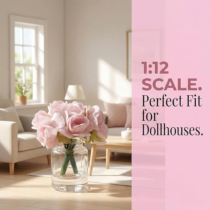 2Pcs 1:12 Scale Glass Vase with Flowers Set, Decorative Accessories for Mini Scene, Mini Decoration Dollhouse Décor