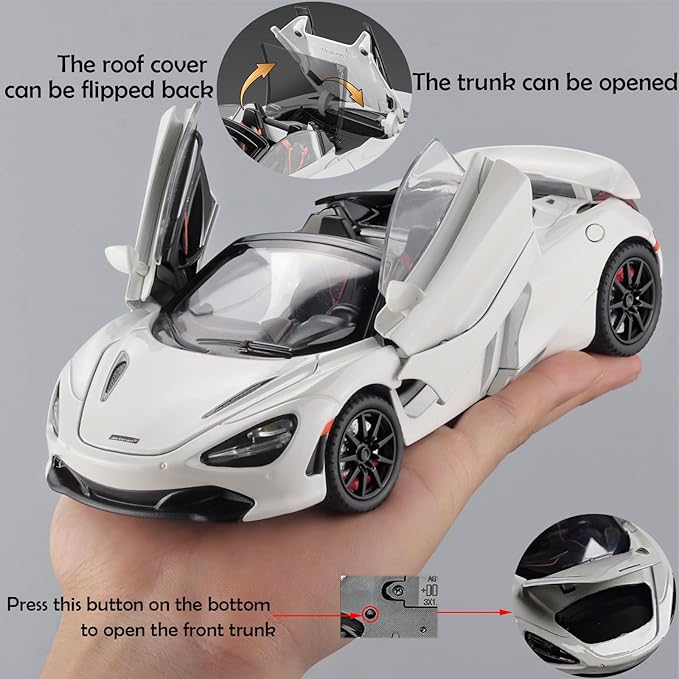 Toy Cars McLaren 720s Roadster Model 1/24 White Alloy Collectibles Die-cast Vehicles with Sound and Light