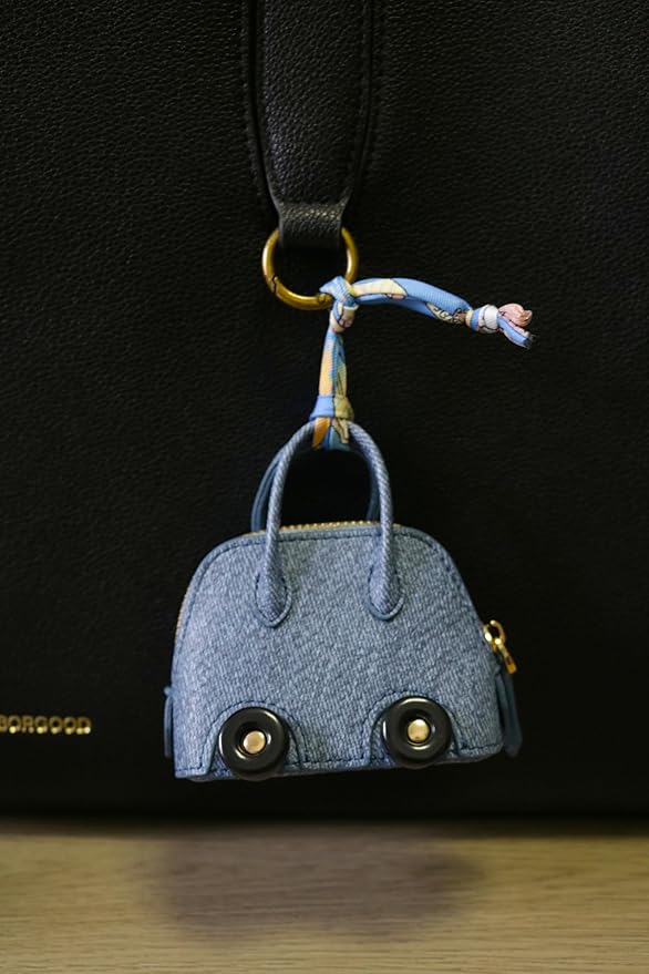 Buyborgood Women's 2 PCS Mini Tote Bag Charms Keychain Pouch Small Coin Purse Wallet, Denim+Yellow