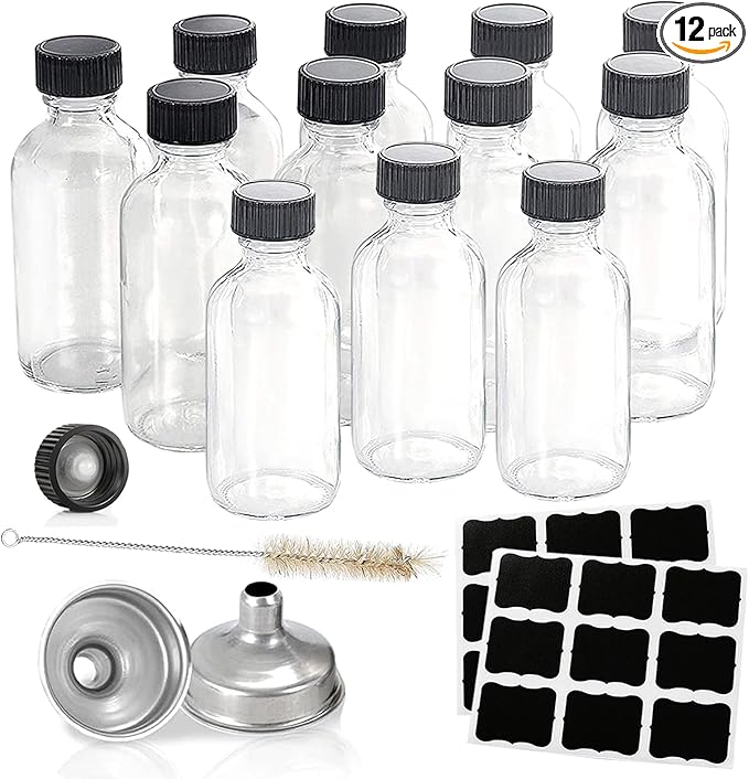 Hadatido 12pack 2oz Sample Bottles With Caps,Wellness Glass Shot Bottles for Bourbon Whiskey,liquor,Juice,Potion,Oils,Vanilla Extract,Tincture,Hot Sauce,Syrup,with Funnels,Labels,Brush,No Leakag