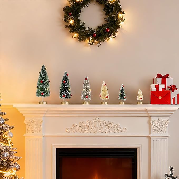 6 Pack Mini Christmas Trees, Small Miniature Frosted Bottle Brush Christmas Tree Decorations Tiny Tabletop Villiage Sisal Trees Decorated with Snow and Beads Winter Holiday Décor Assorted Sizes