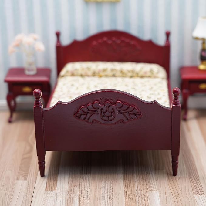 Miniature Furniture 1:12 Bedside Table Dollhouse Accessories Wooden Nightstand Vintage Living Room Bedroom Scene Bedroom Bedsides End TableHouse Model Decoration (Red)