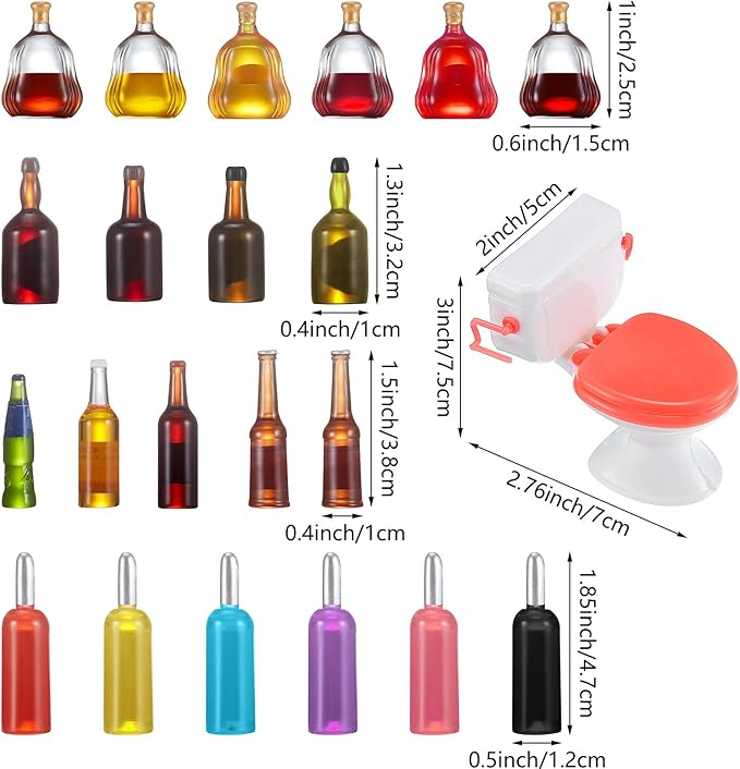 21 Pieces Miniature Bottles with 1 Piece Mini Toilet Cake Topper Dollhouse Cake Miniature Funny Toy Set for Party Celebrating Party, Birthday Decorations
