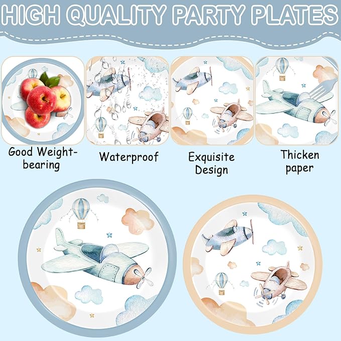 96Pcs Airplane Birthday Party Decorations Airplane Baby Shower Tableware Vintage Plane Plates Napkins Forks Disposable Aviation Theme Party Supplies for Baby Shower Kids Boys Girls Birthday Supplies