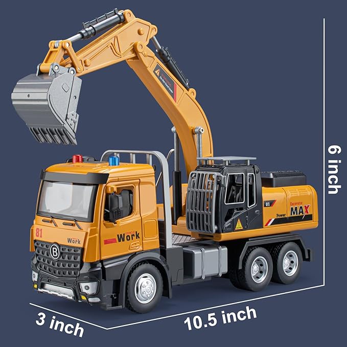 Excavator Toy Metal Cab, Big Digger Toys for Boys with Lights Sounds and Working Movable Parts, Friction Powered Construction Vehicles for Kids (Excavator)