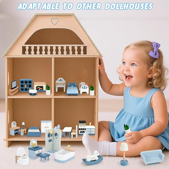 Wooden Dollhouse Furniture Set, Sanlebi Doll House Accessories and Furniture, Miniature Furniture Including 5 Room Kits, Pretend Play Toy Gift for Boys Girls Toddler 3+