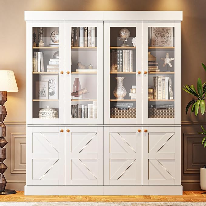 71" Tall Farmhouse Kitchen Pantry, Rustic Large Storage Cabinet with Glass Doors, Adjustable Shelves, Wood Versatile Hutch Cabinet for Dining Room, Living Room, White, Set of 3