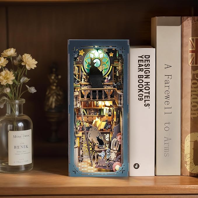 DIY Book Nook Kit Magic - Wizard and Cat Book Nook Kits for Adults, 3D Wooden Puzzle Miniature Fantasy Witch Potion Room Theme Bookshelf Decor, Creative DIY Craft for Teens