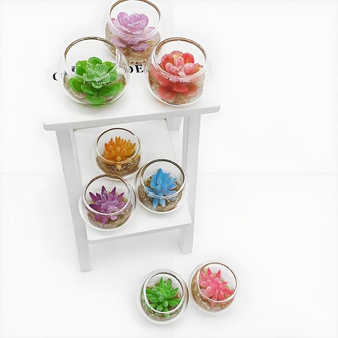4 Pcs Assorted Color Glass Miniature Succulent Pots – Tiny Artificial Flower Potted Plants for Dollhouse Decoration, DIY Craft, Micro Garden Display, Miniature Home Accessories & Tabletop Ornaments
