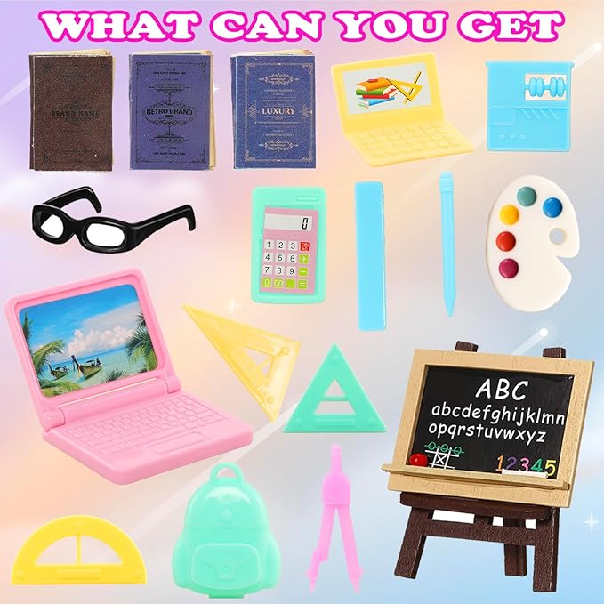 22 PCS 6 inch Dolls School Set - Doll Clothes and Accessories Including 2 Clothes Sets 3 Fashion Dresses 1 Computer 1 Glasses and 15 pcs Study Accessories