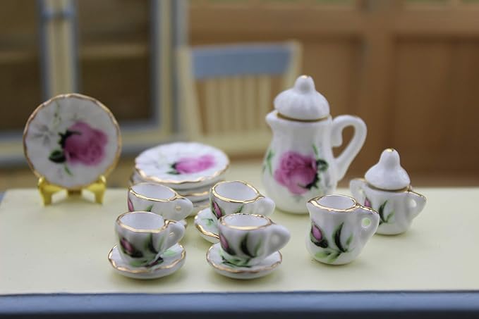 Dollhouse Decoration Accessories, 1:12 Dollhouse Miniature Scene Model 15 PCS Porcelain Teacup and Saucer Set (K, 15 Pcs)