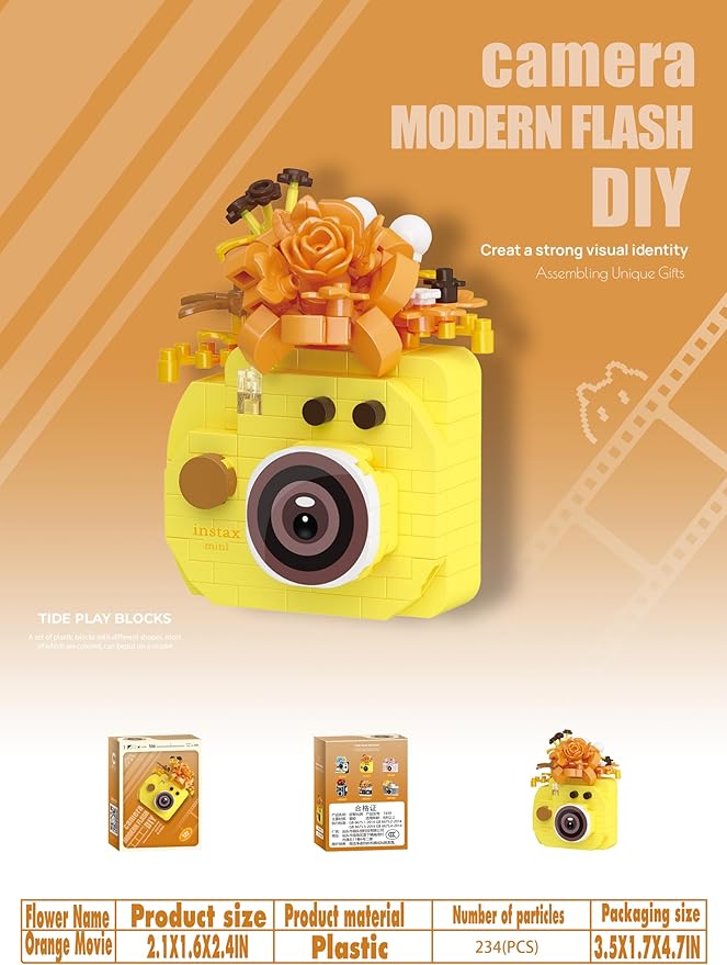 Orange Movie Cute Flower Camera Series Mini Building Toy Bricks Micro Blocks Kit Miniature Toys Ideal for Home Decor Desktop