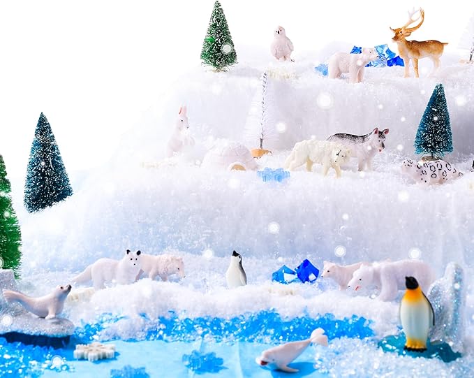 56 Pcs Arctic Animals Figurines Set Includes 14 Polar Animals Figurines 10 Pine Trees 4 Artificial Lceberg Fake Snow 3 Packs Fake Ice Rocks Fake Snow Blanket 2 Blue Tissue Paper Arctic Diorama Kit