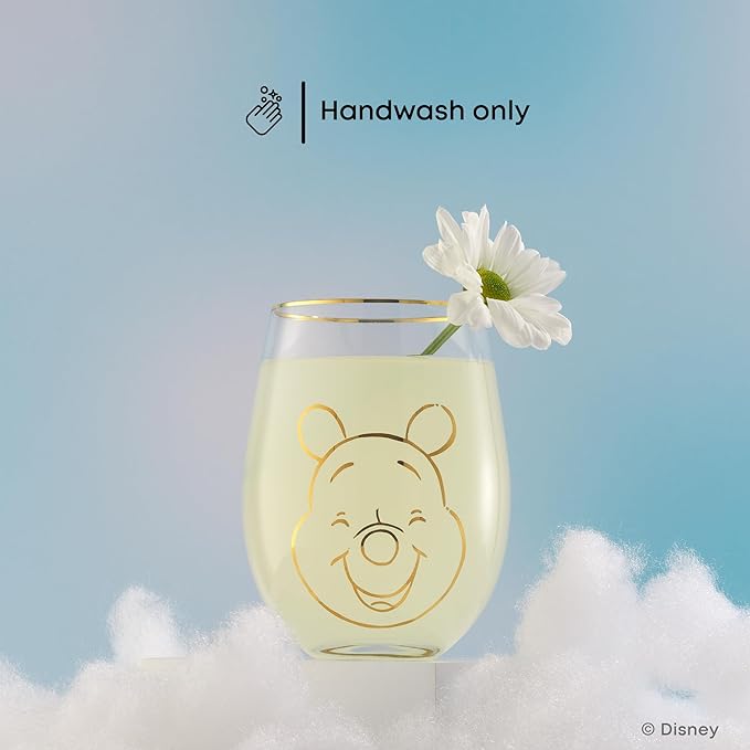 JoyJolt Disney Winnie the Pooh Gold Sketch Stemless Drinking Glasses Set of 4, 19oz Glass Cups ft Pooh Bear Tigger Piglet Eeyore, Disney Kitchen Glassware Set, Winnie the Pooh Adult Gifts