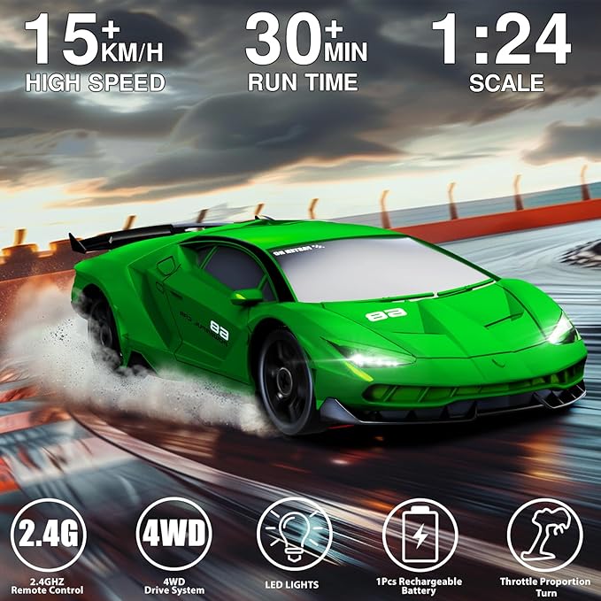 RC Drift Car 1:24 Remote Control Car 4WD 15KM/H High Speed Racing Sport Car with LED Lights RC Cars Toy for Kids Boys Girls Adults Gifts Birthday Christmas Rechargeable Batteries