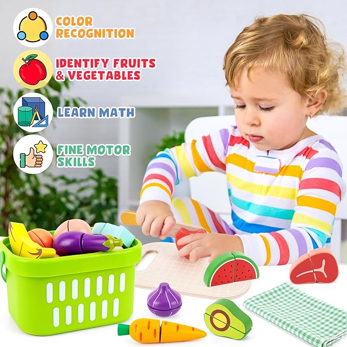 Wooden Food for Play Kitchen - Cutting Fruits Toys for 1 2 3 Years Old Toddlers Kids, Vegetables Gift for Boys Girls Educational Toys
