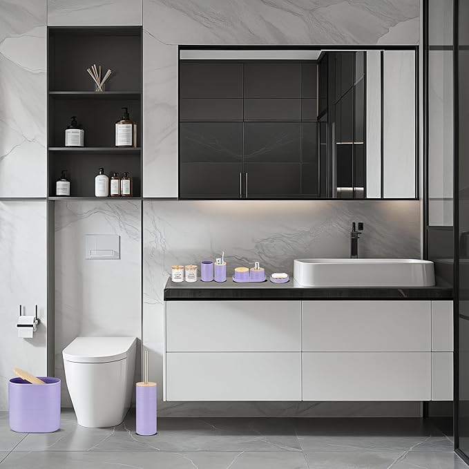 IMAVO Bathroom Accessory Set-11Pcs Purple Bathroom Accessories Set with Trash Can,Soap Dispenser,Soap Dish,Toothbrush Holder,Toothbrush Cup,Toilet Brush Set ,Qtip Holder Dispenser with Labels