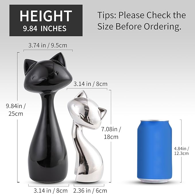 SURE YUESI Ceramic Cat Statue Set, Black & Silver Cute Home Decor Figurines, Lucky Cats Desk Accessories for Cat Lovers, Memorial Cats Themed, Modern Collectible Decor for Bookshelf, Living Room
