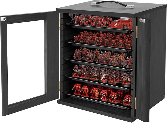 Miniature Storage Case for Collectibles, Miniature Display Cases with Magnetic Door and 6 Trays, Clear View Miniatures Transport Case (Black)