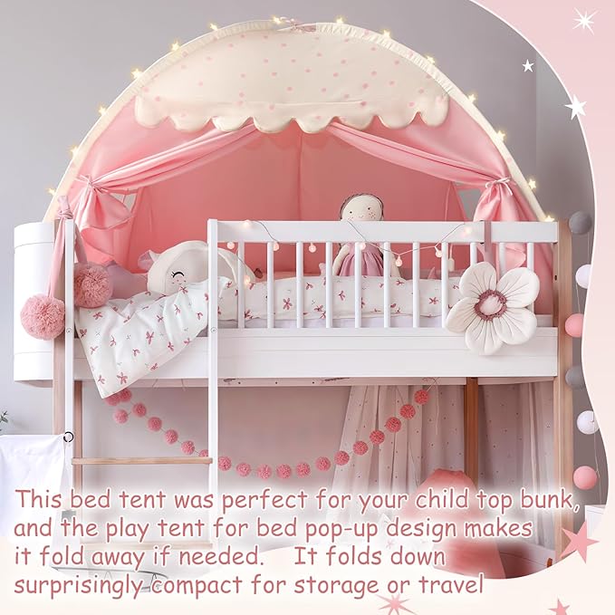 Sherilyn Twin Bed Canopy Tent Toddler, Kids Bed Canopy Indoor on Bed Privacy Space Playhouse Sleeping Blackout Twin Size Tents Bunk Bed Tent for Girl Birthday House Gift, Pink Polka Dot