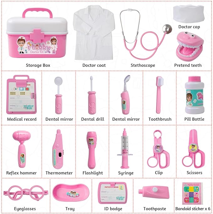 Phobby Durable Doctor Kit for Kids, 27 Pcs Deluxe Pretend Play Set Medical Toy with Real Stethoscope for Toddlers Boys Girls Birthday Gift Aged 3 4 5 6 7 8(Pink)