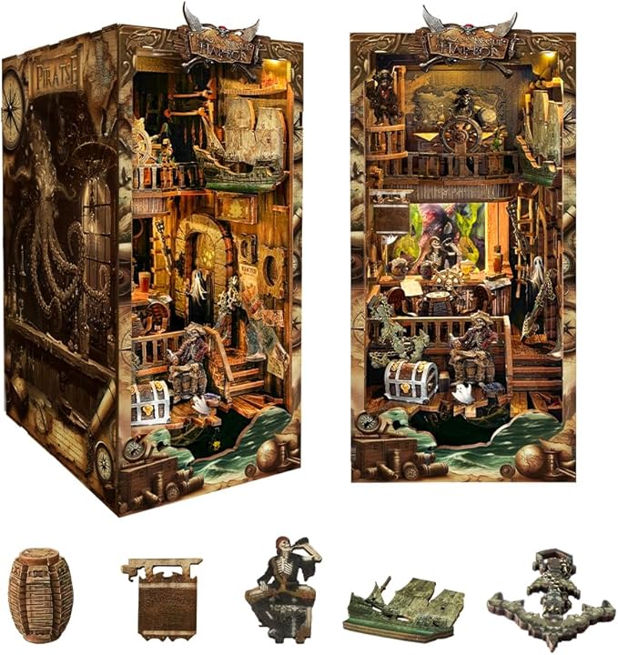STRUCWOOD DIY Book Nook Kit - Pirate 3D Wooden Miniature Puzzles with LED Light Dollhouse Model Craft Kits for Adults Bookshelf Insert Decor Gifts for Adults - New World Ship (SQ-36)