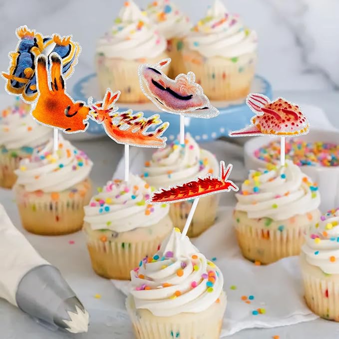18-Pcs Mollusk Cupcake Toppers Sea Slug Themed Happy Birthday Decorations, Perfect Nudibranch Decorations for Boys or Girls Ocean Themed Birthday Party, Mollusk Party and Baby Shower. SugarGera