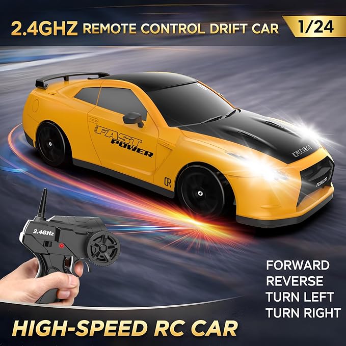 Remote Control Car RC Drift Car 2.4GHz 1:24 Scale 4WD 15KM/H High Speed Model Vehicle with LED Lights Drifting Tire Racing Sport Toy Car for Adults Boys Girls Kids Gift 2Pcs Rechargeable Batteries
