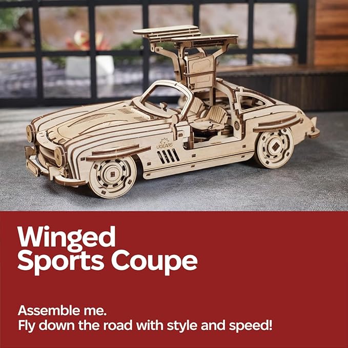 UGEARS Winged Sports Coupe Model Car Kit - 3D Wooden Puzzle for Adults – Model Kit for Adults to Build - DIY Wooden Car with Authentic Gull-Wing Design, 3D Puzzle