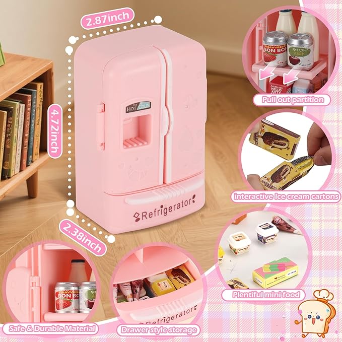 Mini Refrigerator Toy, Fill The Fridge with Ice Cream, Juice & 40+ Mini Food Toys for Dollhouse Accessories & Kitchen Playset. Realistic Refrigerator Play Gift for Kids.